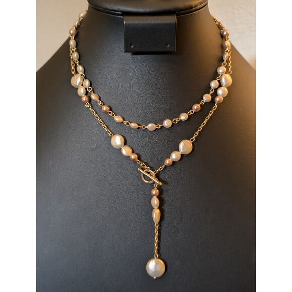 Vintage Anne Klein Double Strand Champagne Penny Coin Pearl Dangle Necklace - Picture 1 of 8